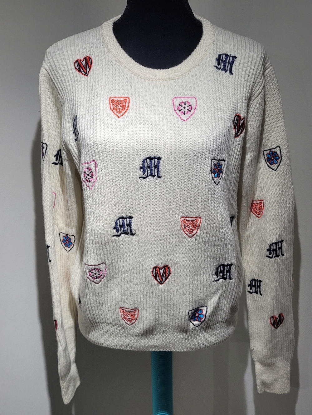 Maje Women's Martela Embroidered Ribbed Knit Sweater 2 Cream Collegiate Preppy